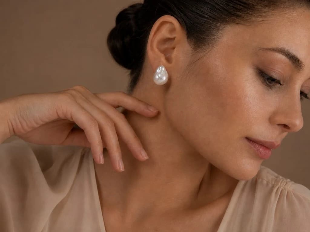 Profile portrait baroque pearl stud earring, soft studio light, warm neutral backdrop