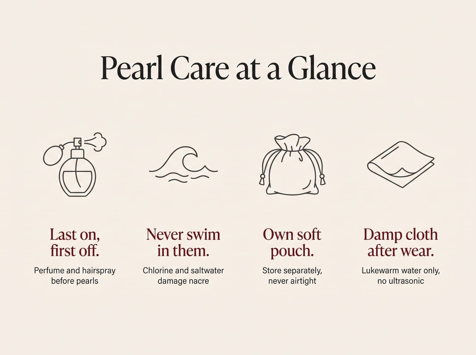 Pearl care at a glance: perfume and hairspray before pearls (last on, first off), never swim in them, store in their own soft pouch, wipe with a damp cloth after wear