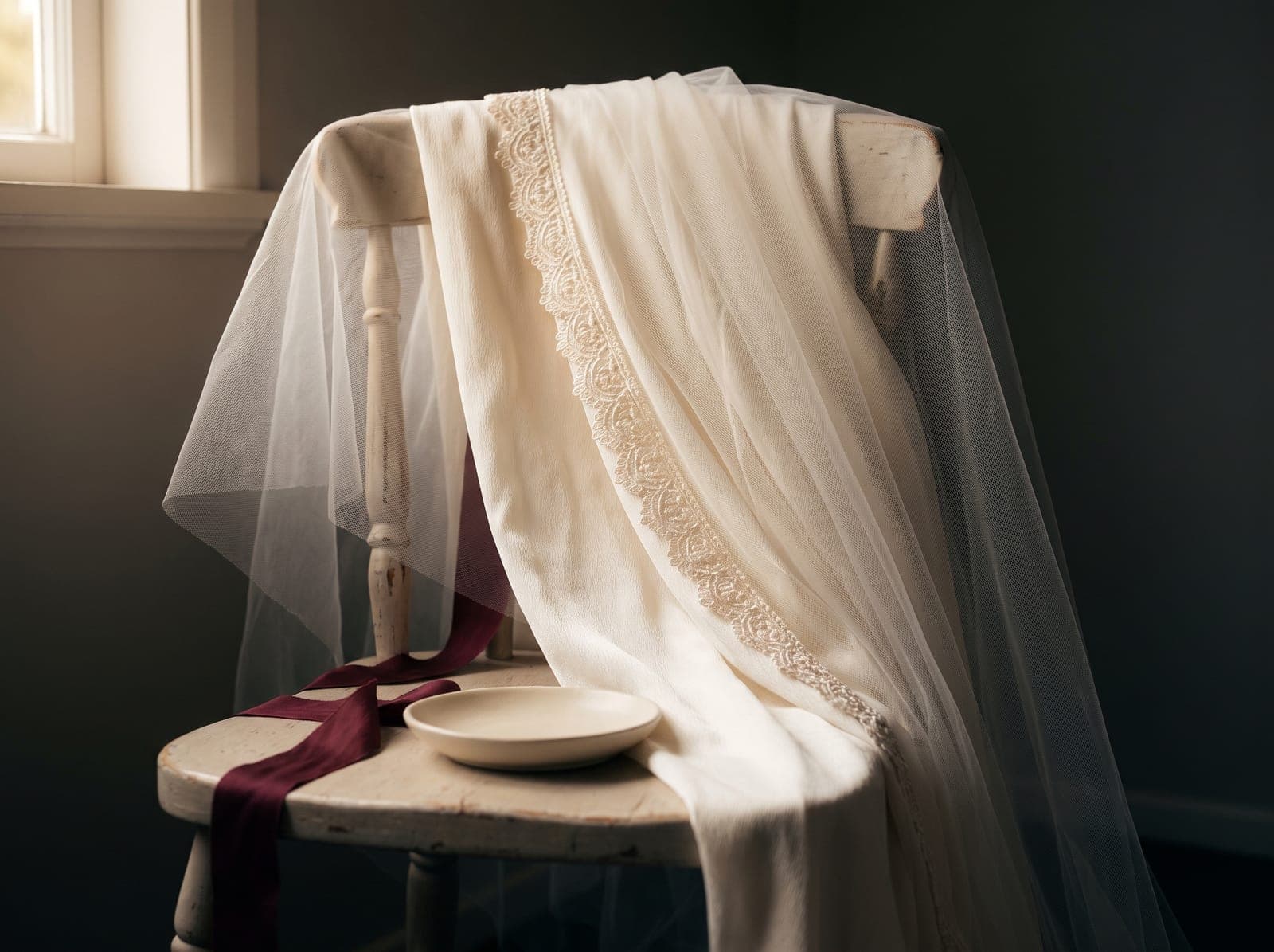 Ivory silk and a tulle veil edge with lace trim draped over a chair on a wedding morning